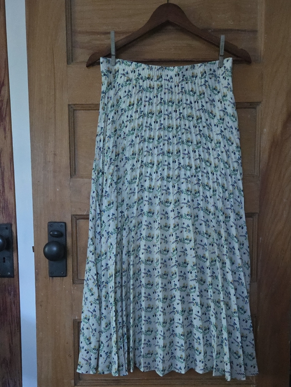 Pleated White Floral Midi Skirt With Blue, Yellow & Green Micro-Floral Pattern